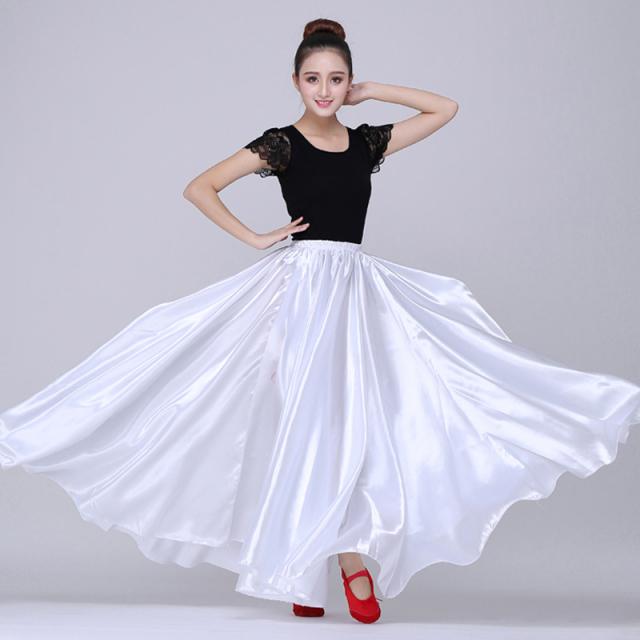 Damen 360-Grad-Satin-Langer Rock Bauchtanz-Langer Rock Tanzübungs-Langer Rock Einfarbiger Tanzrock 90cm One Size weiß