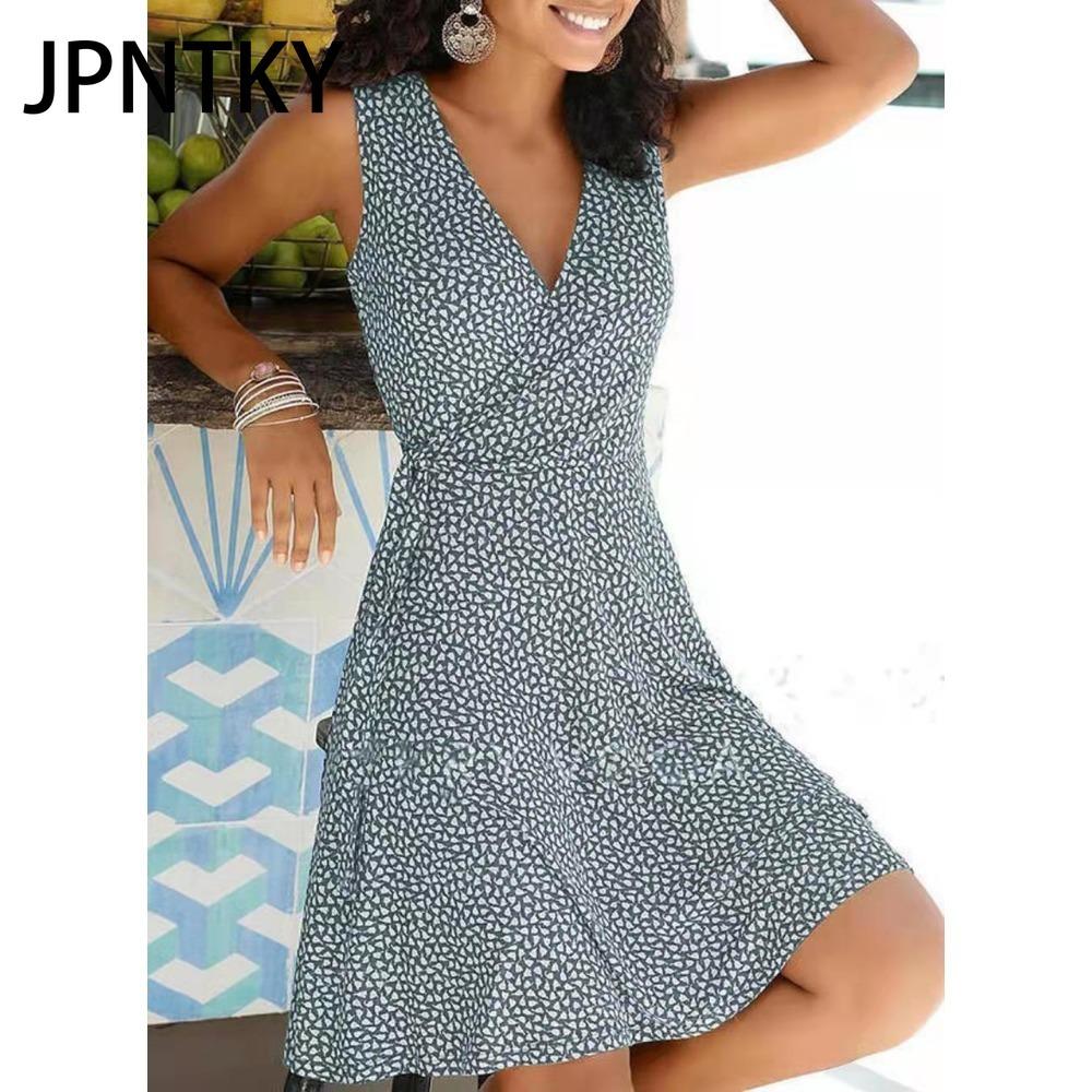 JPNTKY Polka Dot Print Kleid Damen Ärmellos Bandage Strandkleid Sommer Bohemian Kleider Für Damen Lässig V-Ausschnitt Kleider Damen robe XXL grau