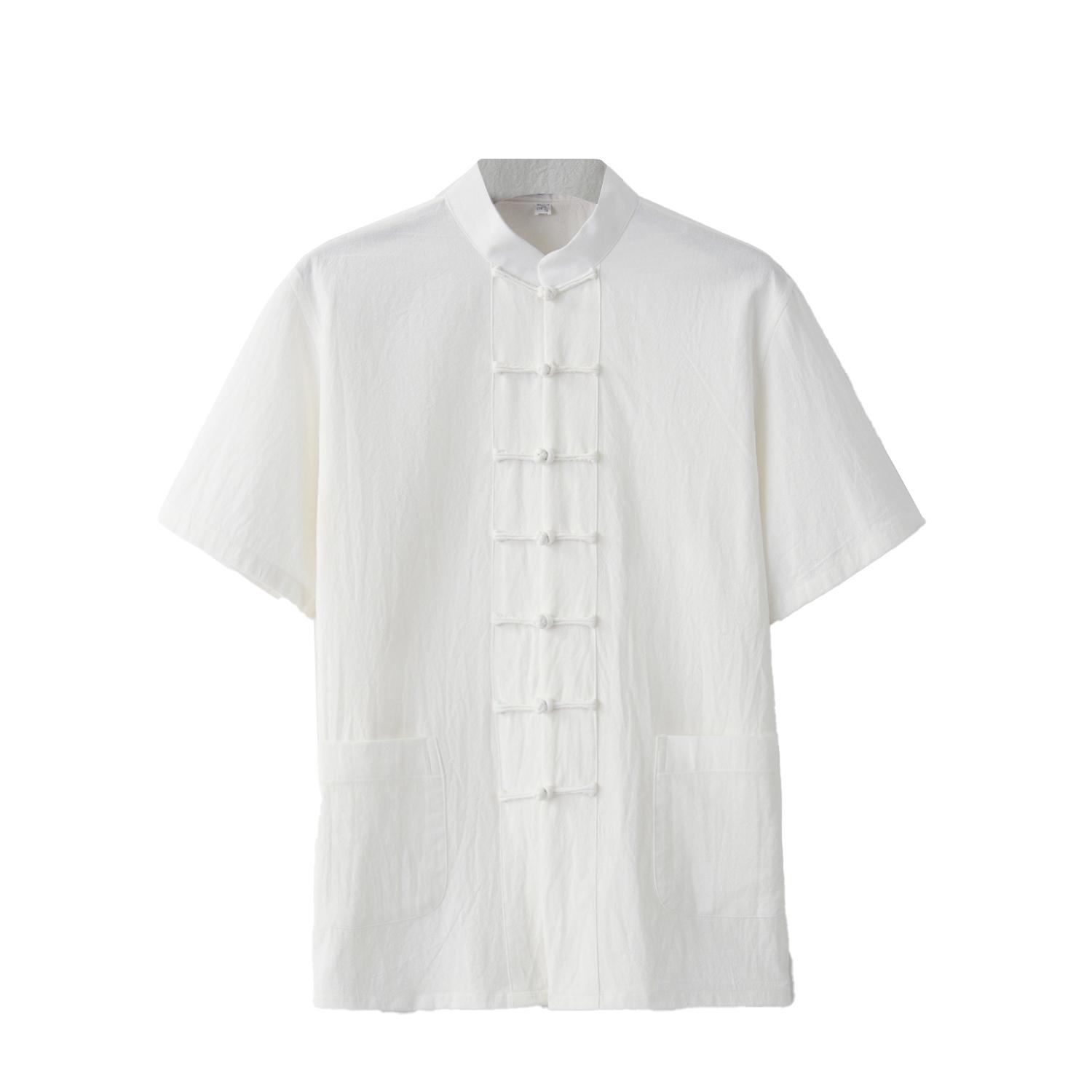 Traditioneller Kleidungsstil Kurzarm Tai Chi Reines Baumwollhemd Tang-Anzug Uniform für Männer Kung Fu Tang Zhuang Männliches Oberteil 3XL weiß