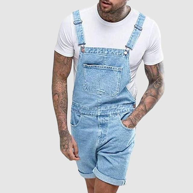 Sommer Herren Jeans Overalls mit Tasche Casual Denim Short Jumpsuit Jeans Herren Jeans Hosenträgerhose Fashion Streetwear XL hellblaue