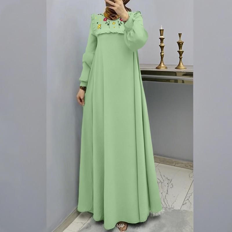ZANZEA Damen Casual Rundhals Locker Langarm Kleid mit floraler Stickerei 3XL grün