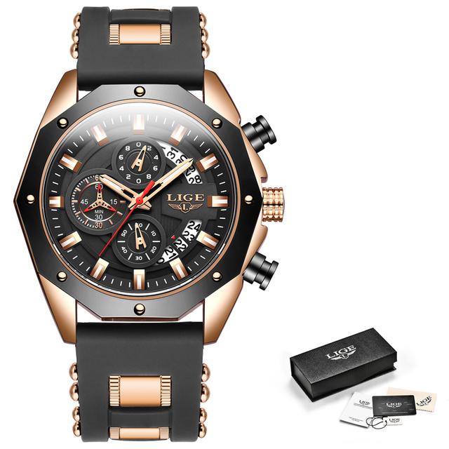 LIGE Original Männer Uhr Top Marke Luxus Silikon Sport Uhr Männer Quarz Datum Uhr Wasserdicht Leucht Armbanduhr schwarz/gold