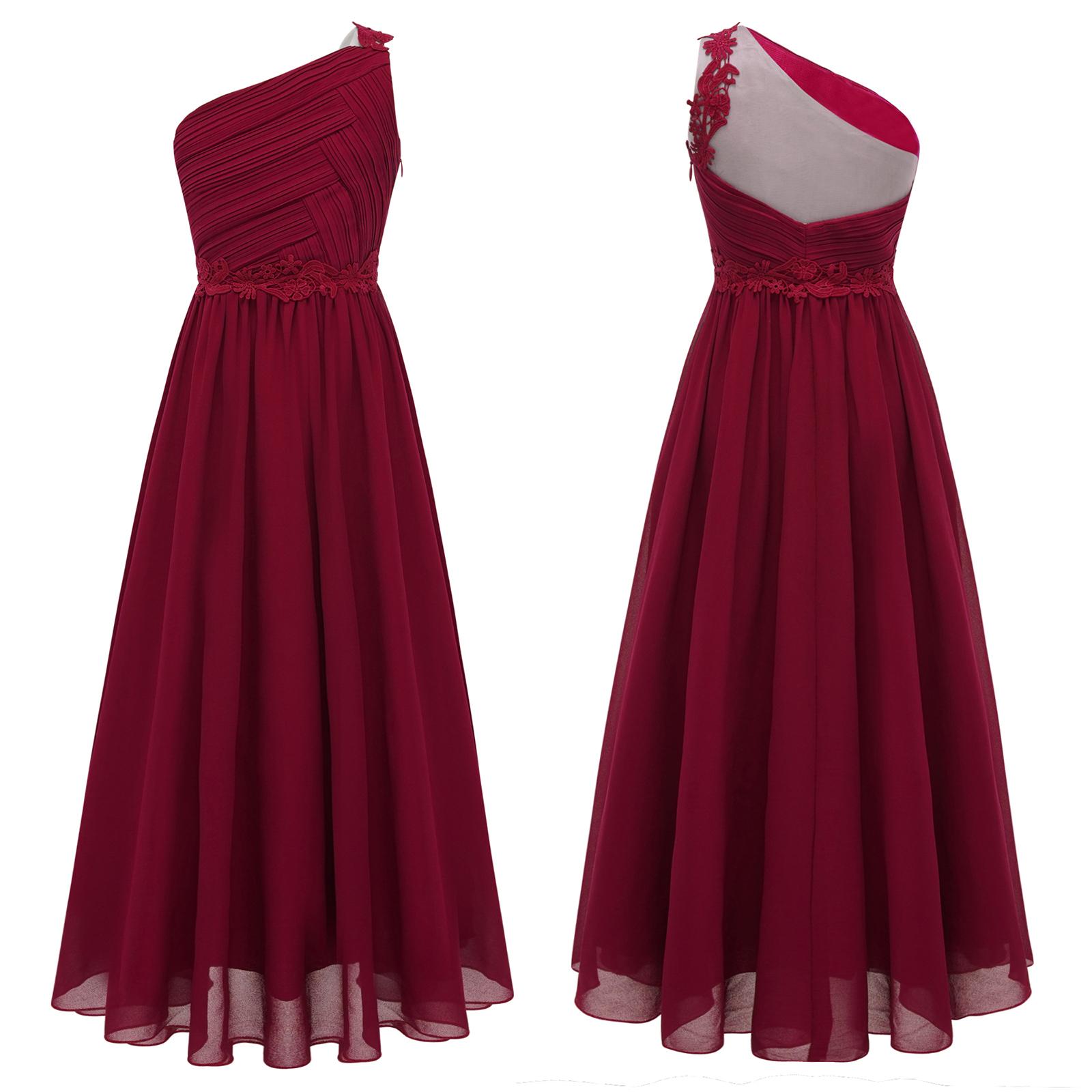 Mädchen One Shoulder Plissee Abend Hochzeit Party Langes Maxi Maxi Junior Brautjungfernkleid Kinder Erstkommunion Kleider 11-12 Years bordeaux