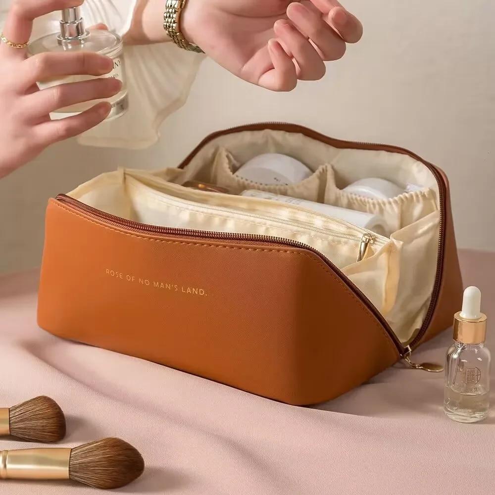 Große Reise-Kosmetiktasche für Damen, Leder, Make-up-Organizer, Damen-Kulturbeutel, Make-up-Tasche, Aufbewahrungstasche, luxuriöse Damen-Box dunkelbraune