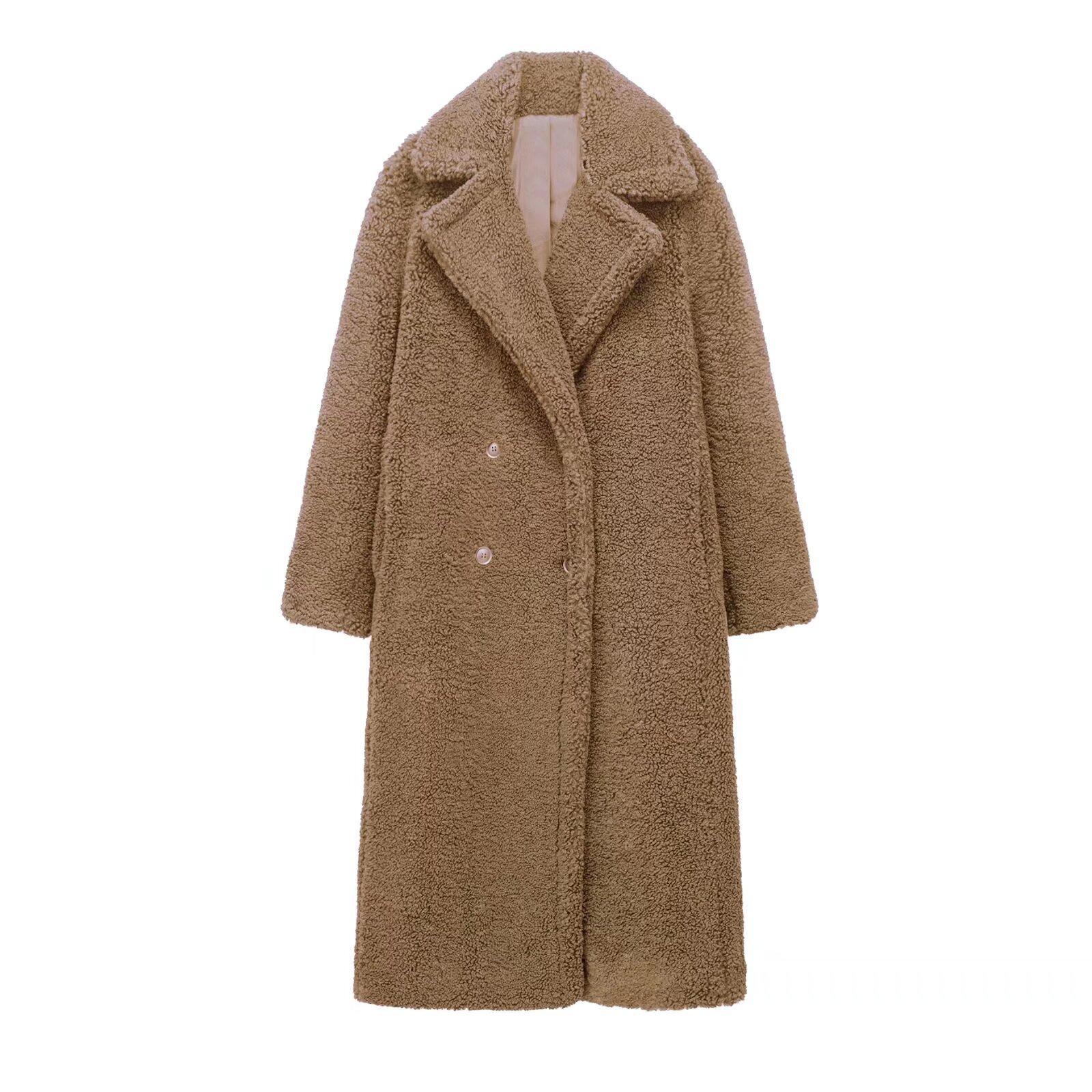 Winter Damen Lässig Uni Mantel Zweireihiger Fleece Mantel Lockere Passform Langer Mantel Damen Vintage Übergroße Lange Jacke XS kamelfarben