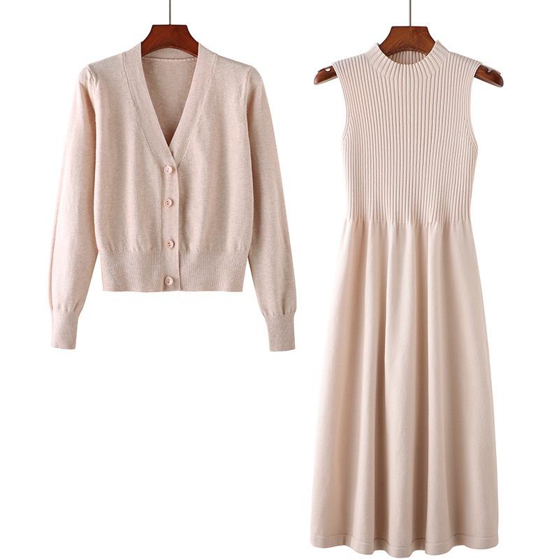 Frauen Kleid Sets Gestrickte Pullover und Kleid Zwei Stücke Set Frühling Herbst Feste Beiläufige Strickwaren Pullover Strickjacken Anzüge One Size apricot