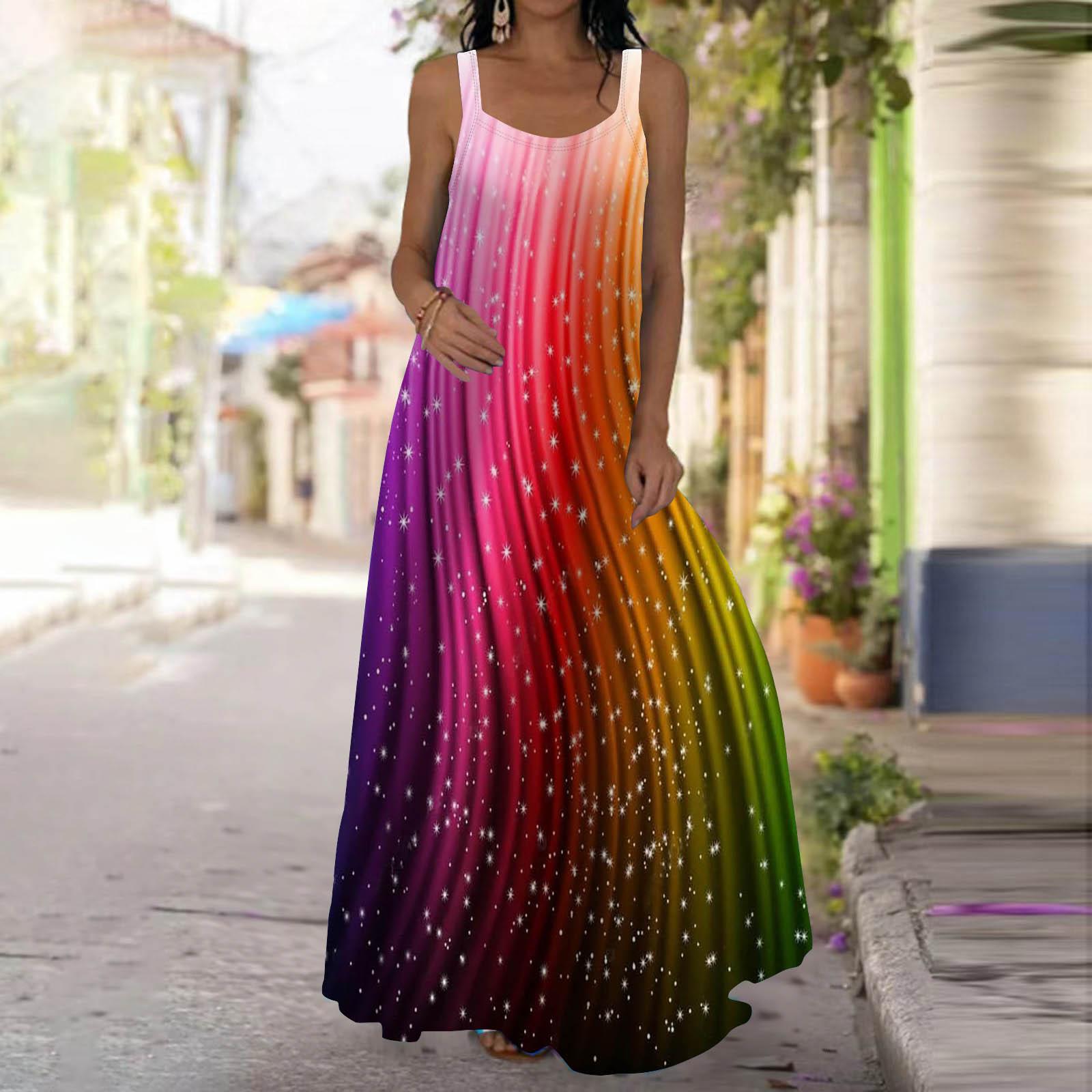 Damen Slip-Kleid Maxi Langes Kleid Sternenregenbogen-Print Kleid Frühling & Sommer V-Ausschnitt Freizeit Urlaub XL rot
