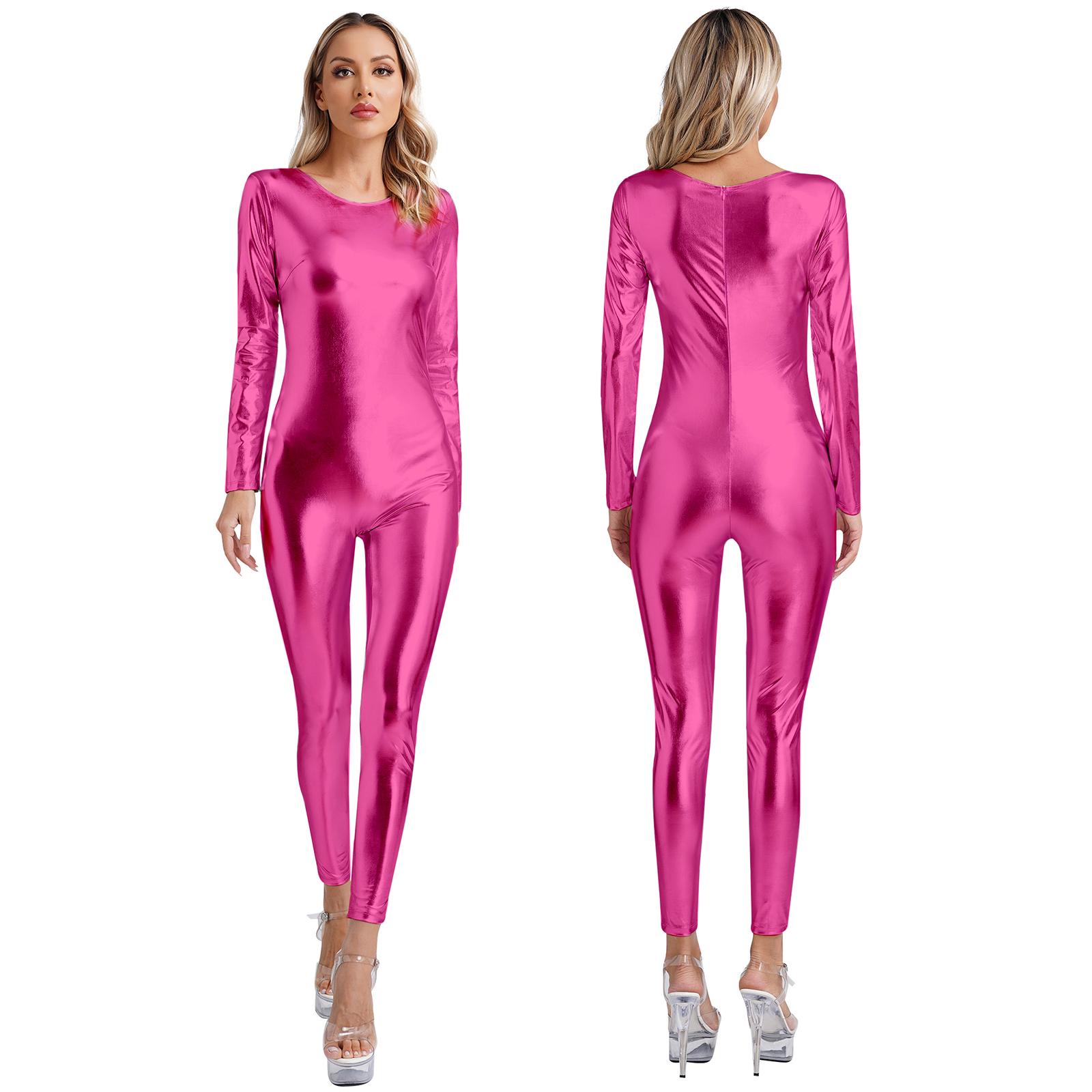 Damen Metallic Glänzendes Unitard Tanzbekleidung Rundhalsausschnitt Langarm Slim Fit Ganzkörper-Body Einteiler Clubwear Festival-Kostüme 3XL heißes rosa