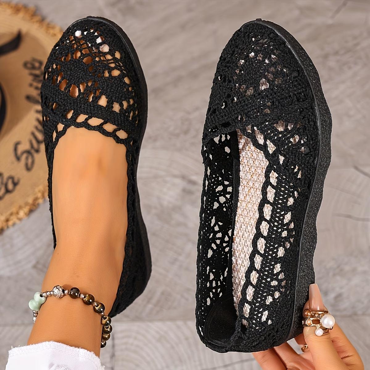 Damen Freizeit Stilvolle Atmungsaktive Slip-On Schuhe - Damen Mesh Schuhe mit Stoffdesign, Hohl-Spitzen-Details, Flache Schuhe Damen 35 schwarz