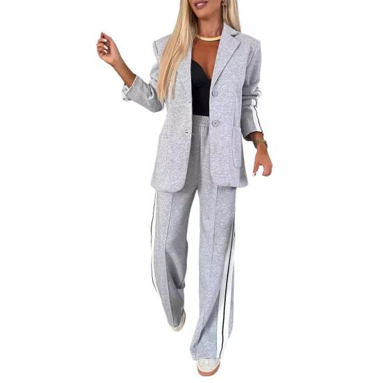 2-teiliges Set mit formellem Mantel und Hose für Damen, Umlegekragen, einreihig, langärmlig, Jacke, lockere, gestreifte Hose mit weitem Bein, lässige Alltagskleidung XL licht grau