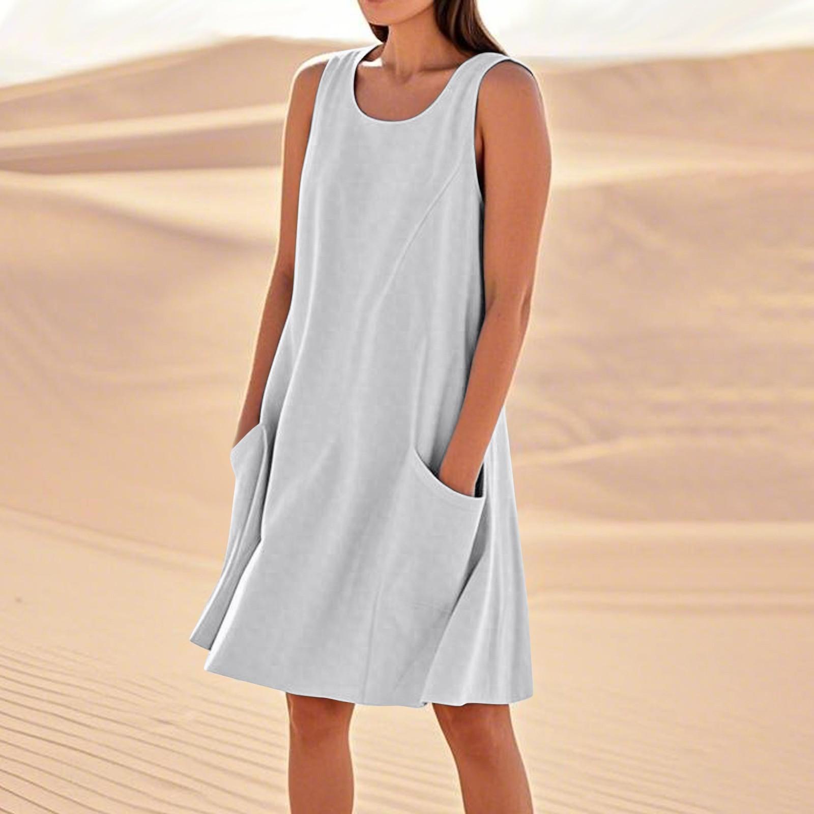 Sommerkleider für Damen, lockerer Strandurlaub, lässig, ärmellos, Sommerkleider mit Taschen, Tankkleid M weiß