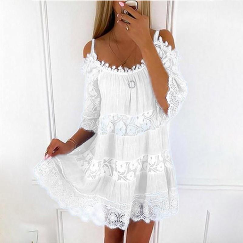 Sommer Casual Plus Größe Spitze Kleid Frauen Neue Mode Elegante Lose Rüschen A-linie Kurzes Kleid Mode Geburtstag Party Sling Kleider 543 XXL elfenbein