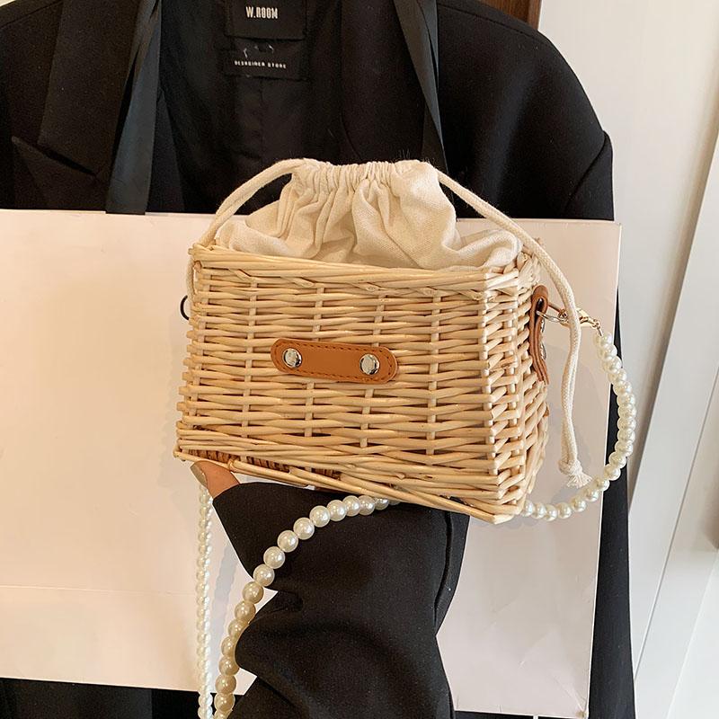 Rattan Flecht Tasche Sommer Neue Handgemachte Tasche Retro Stil Perlen Handheld Damen Tasche Kette Diagonale Umhänge Handy Tasche