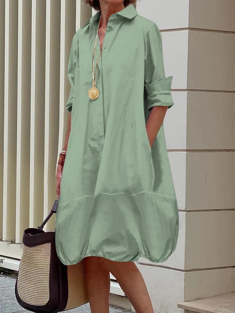 Yeezzi Damen Hemdkleid mit Kragen Frühling Sommer Langarm Locker Einfarbig Freizeit Ausgehen Büro Midi-Kleider M