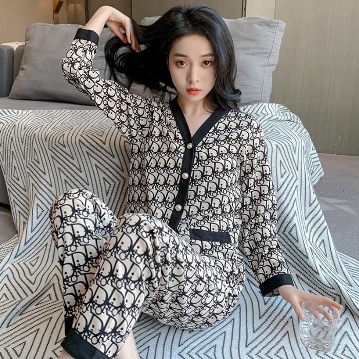 Bedruckte Buchstaben Luxus Damen Pyjama Set Herbst Lässig Locker Pyjama V-Ausschnitt Pyjama Loungewear 2-teiliges Set Damen Pyjama XXL