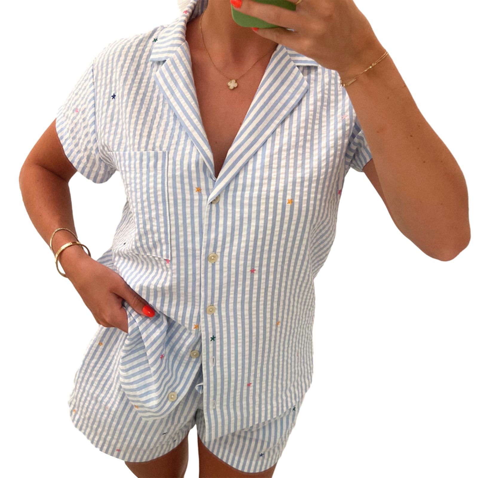 Süße Pyjama-Sets für Damen, Blumen-Herz-Kaninchen-Pyjama, kurzes Pyjama-Set, lockere Loungewear, Nachtwäsche, zweiteiliges Outfit M blau