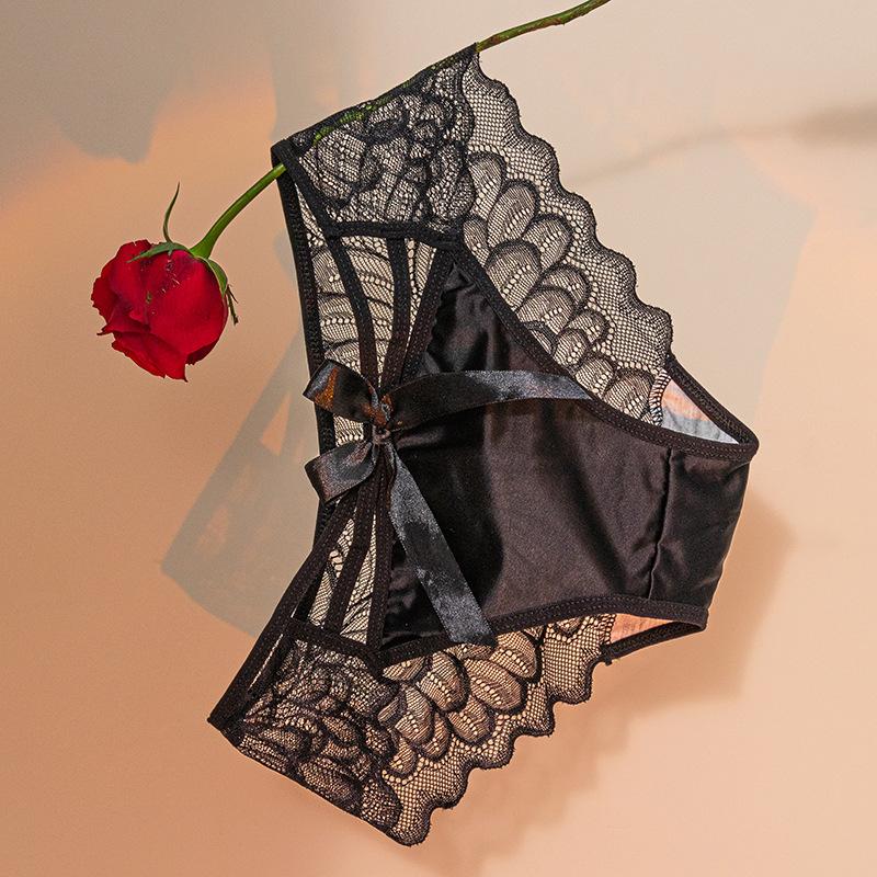 Bowknot Hohlspitze Höschen für Frauen Satin Reine Baumwolle Schritt Atmungsaktiv Sexy Mid-Taille Damen Slips Unterwäsche Knickers XL schwarz