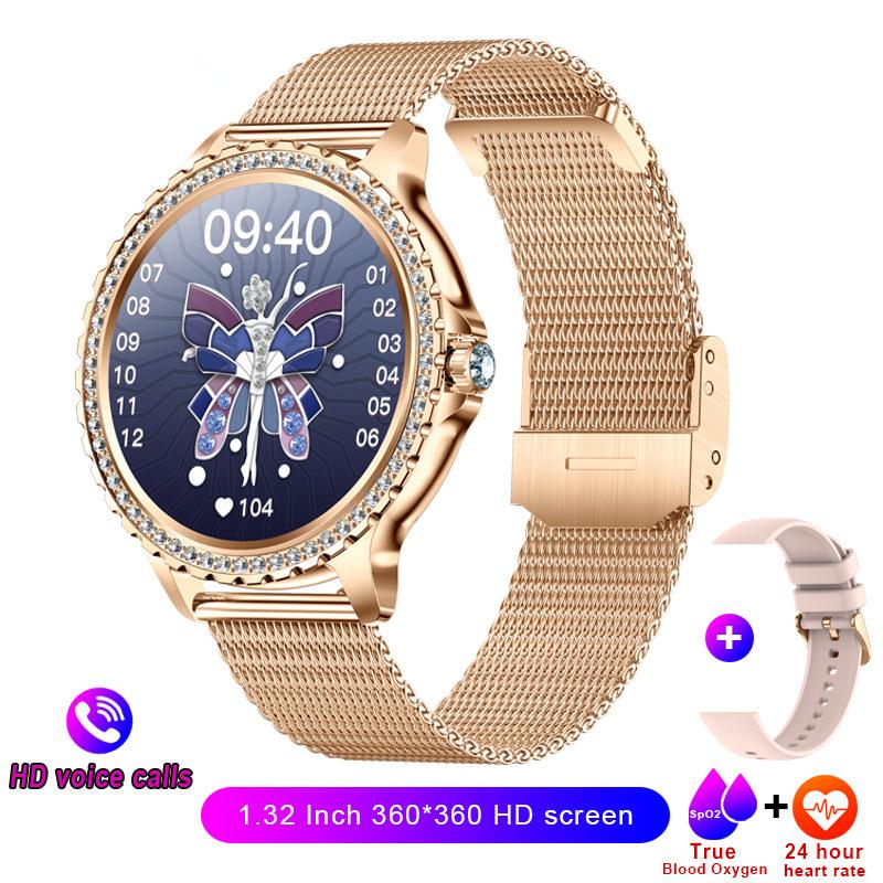 2025 Mode Luxus Gold Damen Smartwatch Herzfrequenz Blutsauerstoff Schlafüberwachung Diamantarmband Bluetooth-Anruf Smartwatch Damen Mesh belt gold