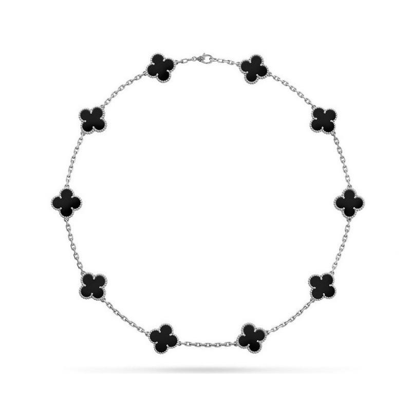Schwarzer Onyx 10-Blüten Halskette Beidseitig Vierblättriges Kleeblatt Choker Luxus Halskette für Damen black