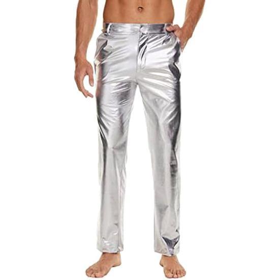 Herren Hose Mittelhoch Bund Knopf Reißverschluss Glänzend Lässige Hose mit Verstärkten Taschen Einfarbig Glänzend Clubhose 2XL