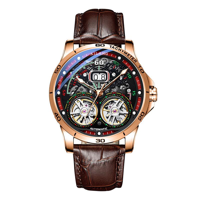 AILANG Neue Schweizer Uhren, Doppel-Tourbillon, automatische mechanische Uhren für Herren, Ledergürtel