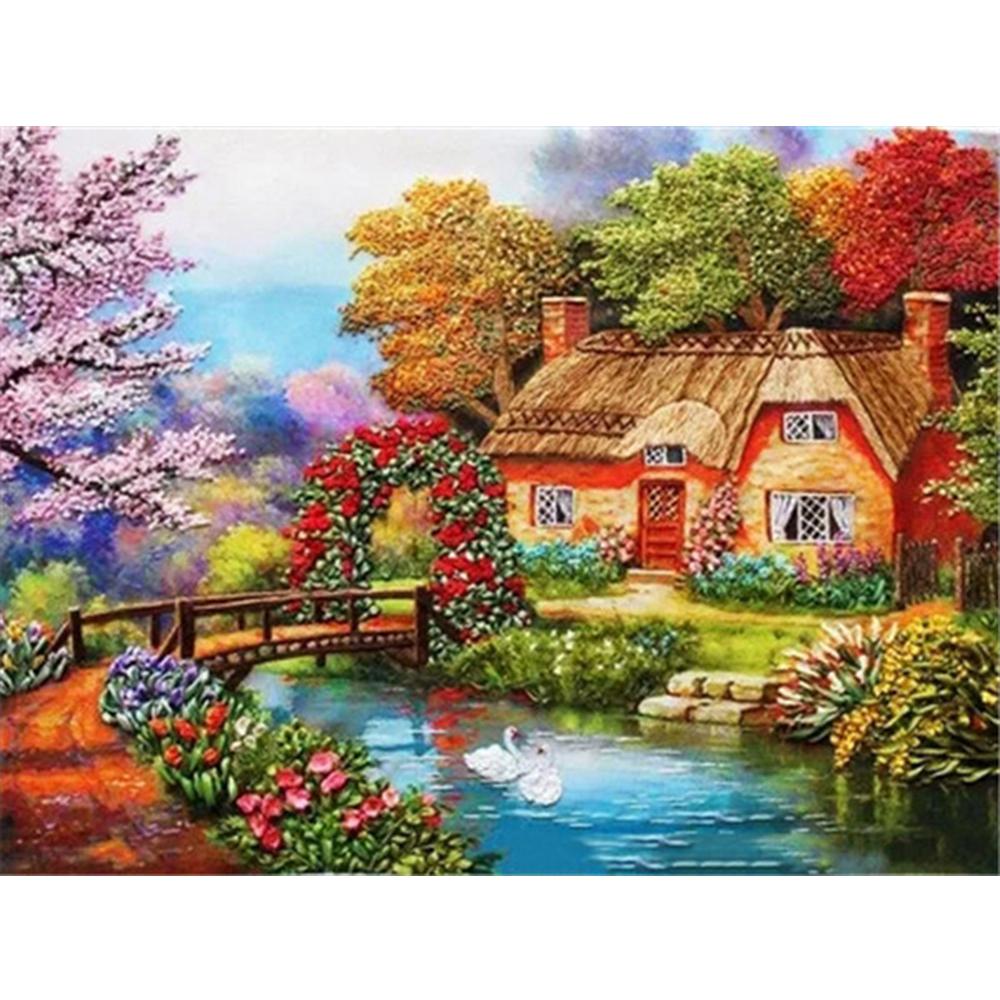 Vollquadrat Diamant Malerei Garten Kreuzstich Diamant Stickerei Landschaft Kirschblüten Mosaik Haus Dekor für Zuhause Full Round 50X70CM dunkelblaue