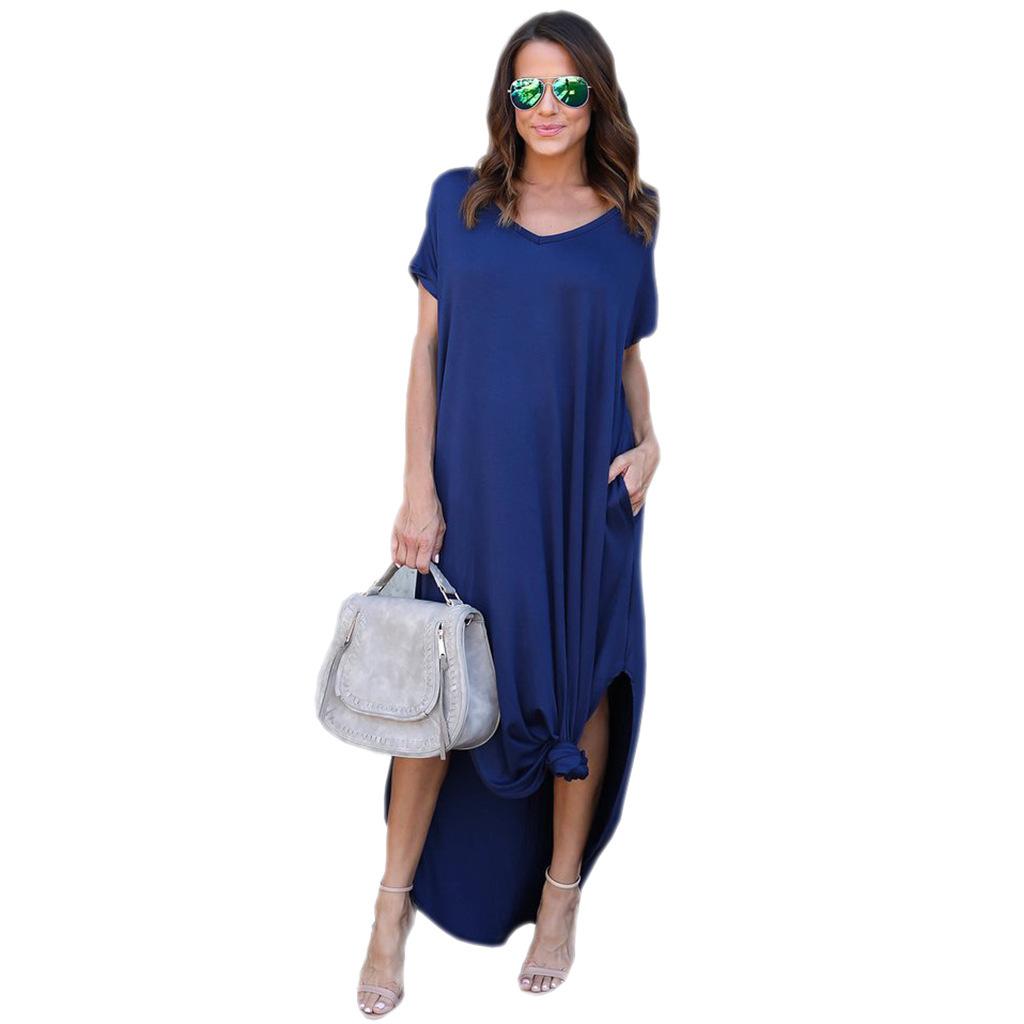 Plus Größe 5XL Sexy Frauen Kleid Sommer 2022 Feste Beiläufige Kurzarm Maxi Kleid Für Frauen Lange DressLady Kleider S königsblau