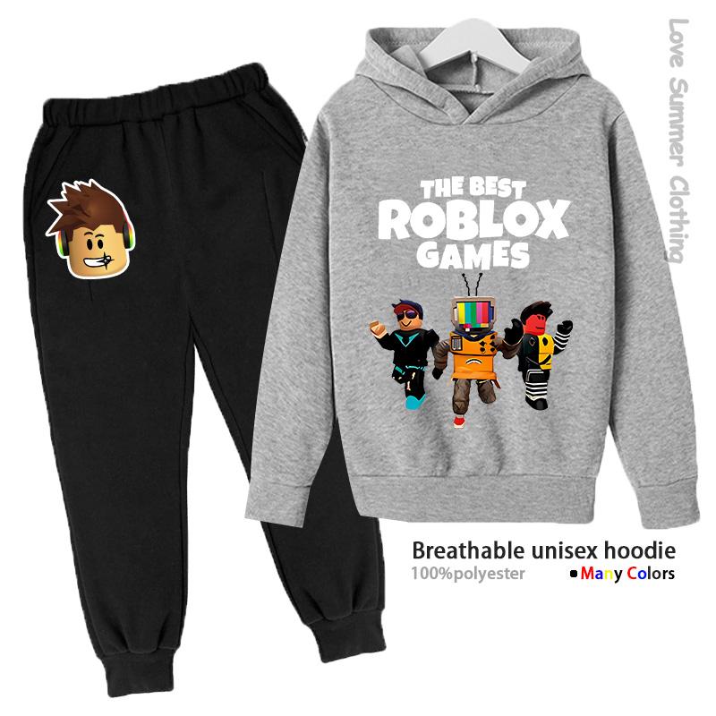 Roblox Jungen Hoodie Trainingsanzug Alter 4-14 HD Druck Herbst Neuheiten Geschlecht Dünnes Fleece Hoodie Set Lässig Unisex Trainingsanzug Polyester 120 gray