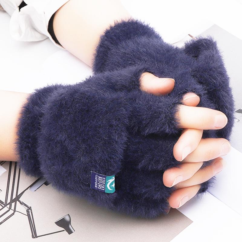 Mode Neue Warme Handschuhe mit Finger Kappen für Mädchen Herbst Winter Outdoor Anti Kälte Handschuhe für Männer Frauen Plüsch handschuhe für Studenten dunkelblaue