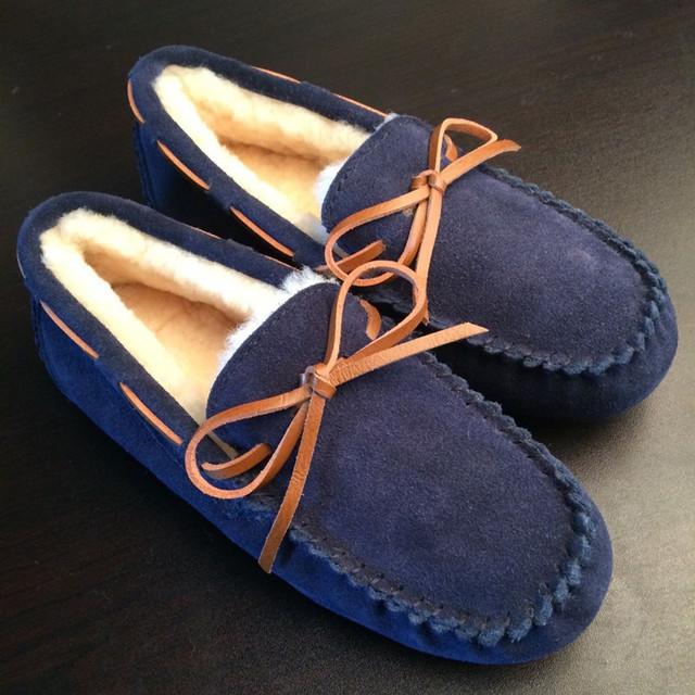 Top 100 % Naturfell Echtes Leder Damen Ballerinas Neue Mode Damen Mokassins Freizeit Slipper Warme Winterschuhe 42 navy blau