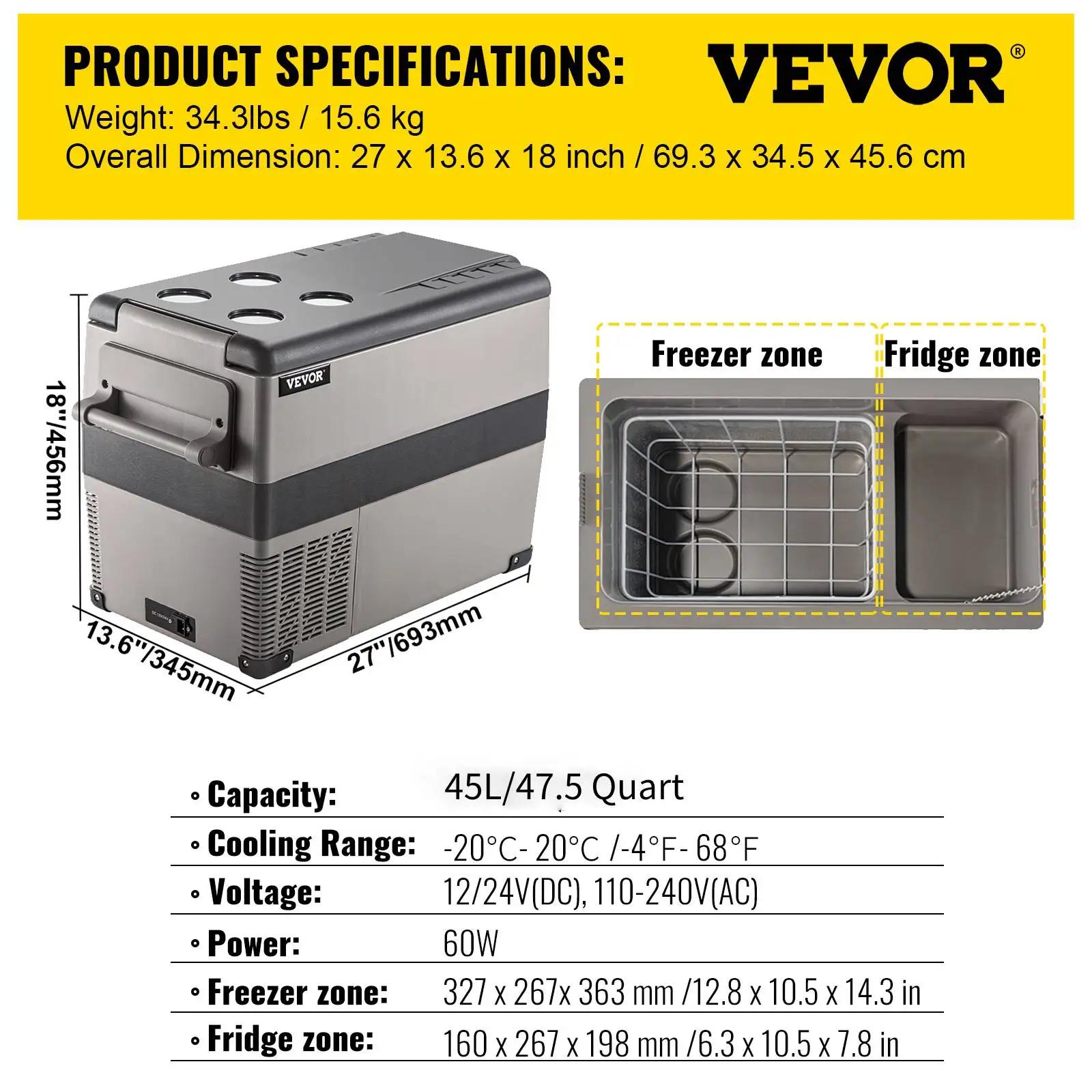 VEVOR 20/22/35/45/55L Auto-Kühlschrank Mini-Kühlschrank Gefrierschrank Tragbarer Kompressor-Kühler 12/24V DC 110-240V Kühlbox für Camping yellow