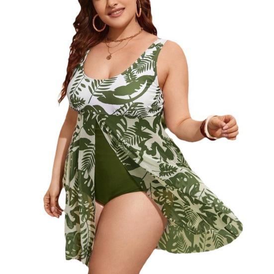 Plus Size Damen Monokini, U-Ausschnitt, ärmellos, Pflanzendruck, geteilter Saum, einteiliger Badeanzug, kontrollierter Bauch-Badeanzug, schnell trocknende Strandbekleidung 4XL grün