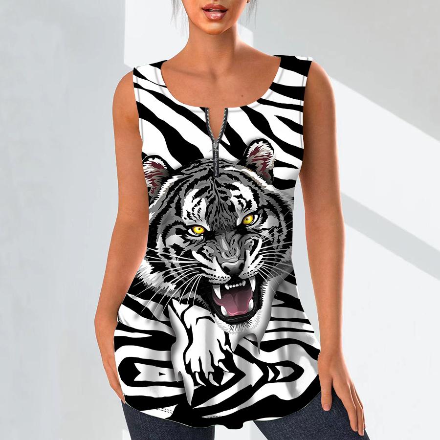 Damenmode V-Ausschnitt Shirts Casual Tops T-Shirt Damen 3D Fierce Tiger Print Weste Übergröße Ärmellose Bluse Tanktops 8XL grau