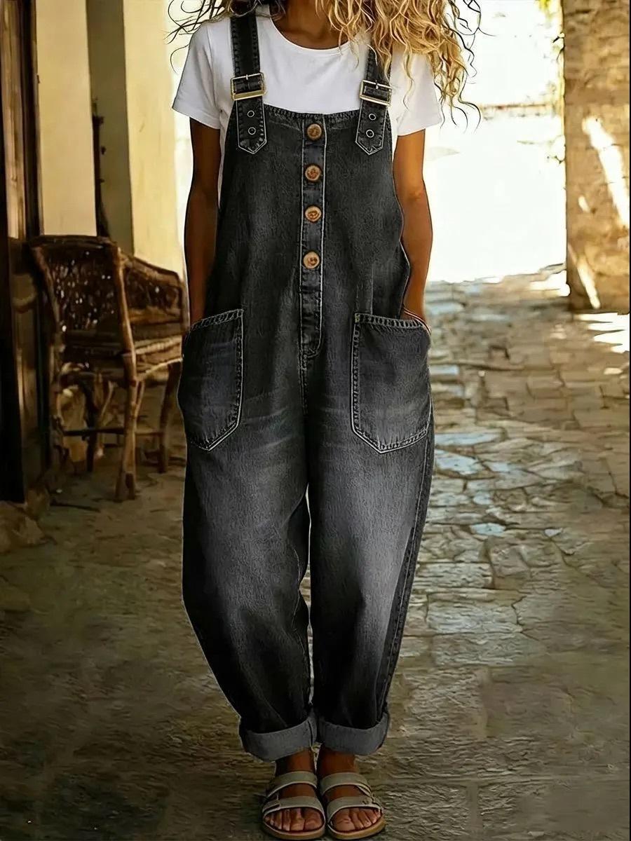 Damen Jeans Latzhose Lockerer Schnitt Weiter Bein Latzhose mit Knopfleiste vorne Verstellbare Träger Große Taschen Vintage Waschung 4XL schwarz