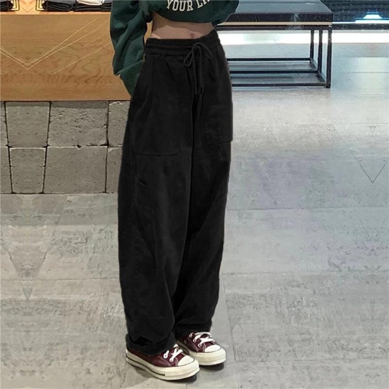 Vintage Cargo Hosen Frauen Khaki Breite Bein Hosen Unisex Harajuku Baggy Jogginghose Hip Hop Hosen Kordelzug Streetwear Pantalon S schwarz