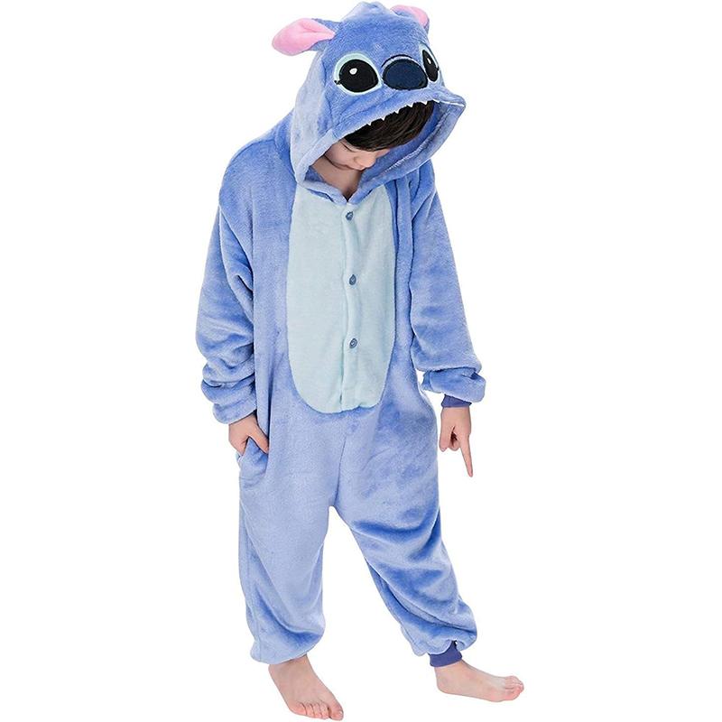 Kinder Stitch Cosplay Kostüm Flanell Schlafanzug Anime Lilo & Stitch Jumpsuits Einteiler Schlafanzug Halloween Kostüm für Kind 130 gray