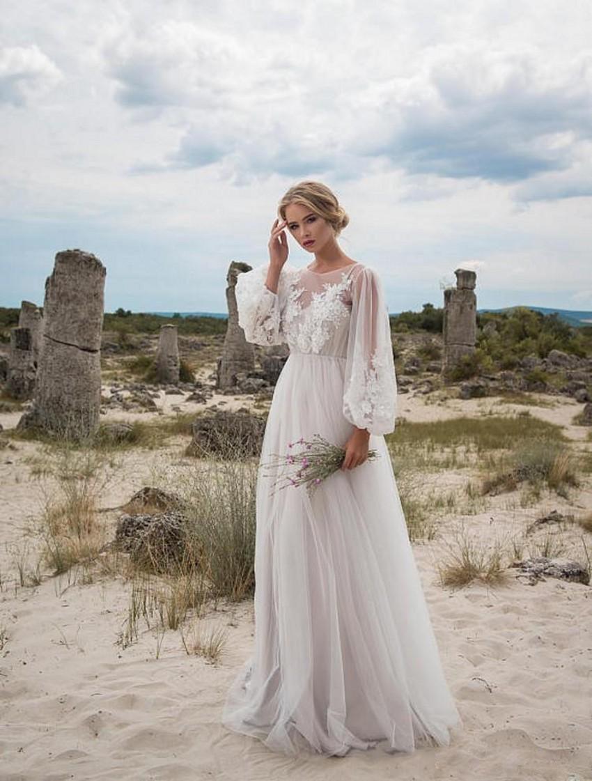 2020 Neues besticktes Brautkleid mit Puffärmeln und Rundhalsausschnitt XXL weiß
