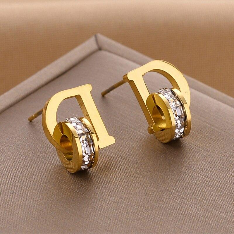 Luxus Zirkon Edelstahl D Brief Kreis Ohrringe für Wome Gold Ungewöhnliche Vielseitige Ohrringe 2022 Neue Trendy Schmuck Brincos gold