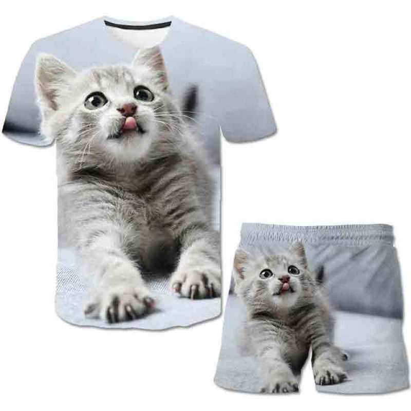 Mädchen Katze Gedruckt Casual Set Sommer Trendy Cartoon Kurzarm Shorts 3D Druck Kleidung Sets Mädchen 130