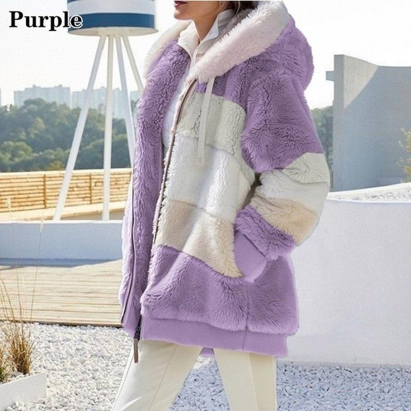 Neue Winter Damen Jacke Mit Kapuze Warme Plüsch Lose Jacke für Frauen Patchwork Winter Oberbekleidung Faux Pelz Zipper Damen Parka mantel XXXL violett