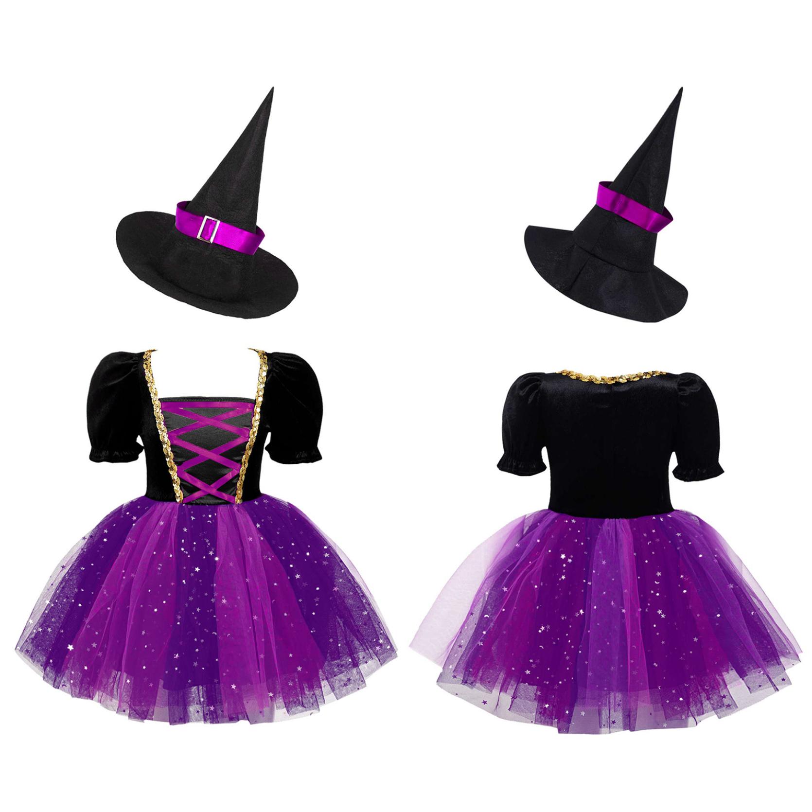 Kinder Mädchen Hexenkostüm Halloween Cosplay Kleid Glitzerndes Mesh Tutu Kleid mit spitzem Hut Set für Karneval Party Dress Up Kleidung 3-4 Years rose rot/violett