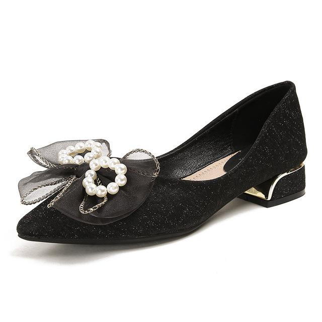 Schuhe Damen All-Match Damen Einzelschuhe Perle Spitz Schleife Übergröße Damen Schuhe Schuhe für Hochzeit Damen Mary Janes Schuhe 33 black