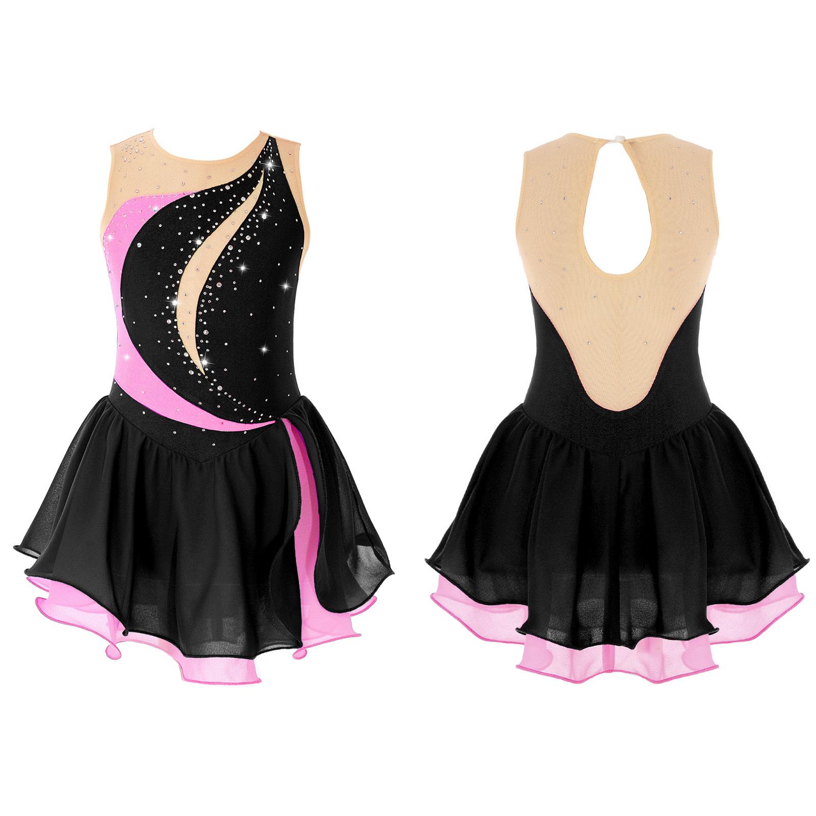 Kinder Mädchen Eiskunstlauf Kleid ärmellos Strass Wettbewerb Kostüme Ballett Tanz Tutu Rock 11-12 Years schwarz