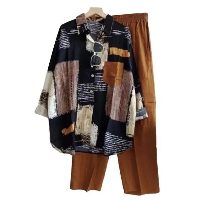 2 Teile/satz Hemd Hosen Set Colorblock Revers Langarm Lose Elastische Taille Breites Bein Weiche Casual Frauen Bluse Hose Set One Size kaffeebraun