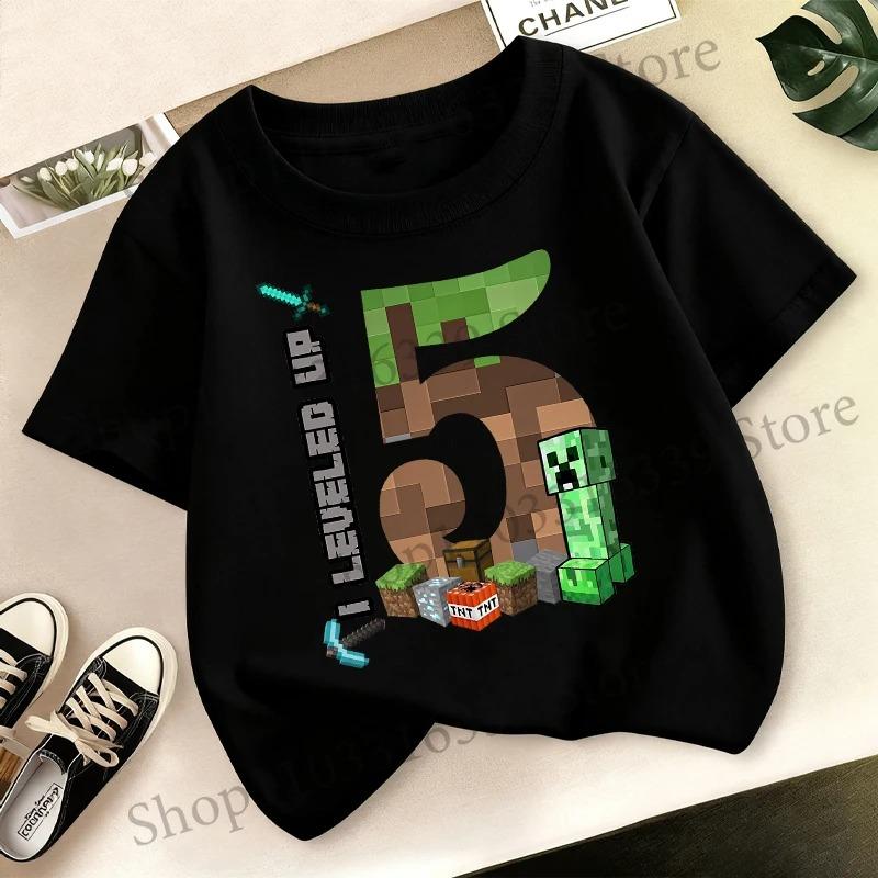 Geburtstagszahl T-Shirt Partyzubehör Geschenk Minecraft Cartoon Kinderkleidung Jungen Oberteile Sommer Kurzarm Rundhals T-Shirts 120cm brown