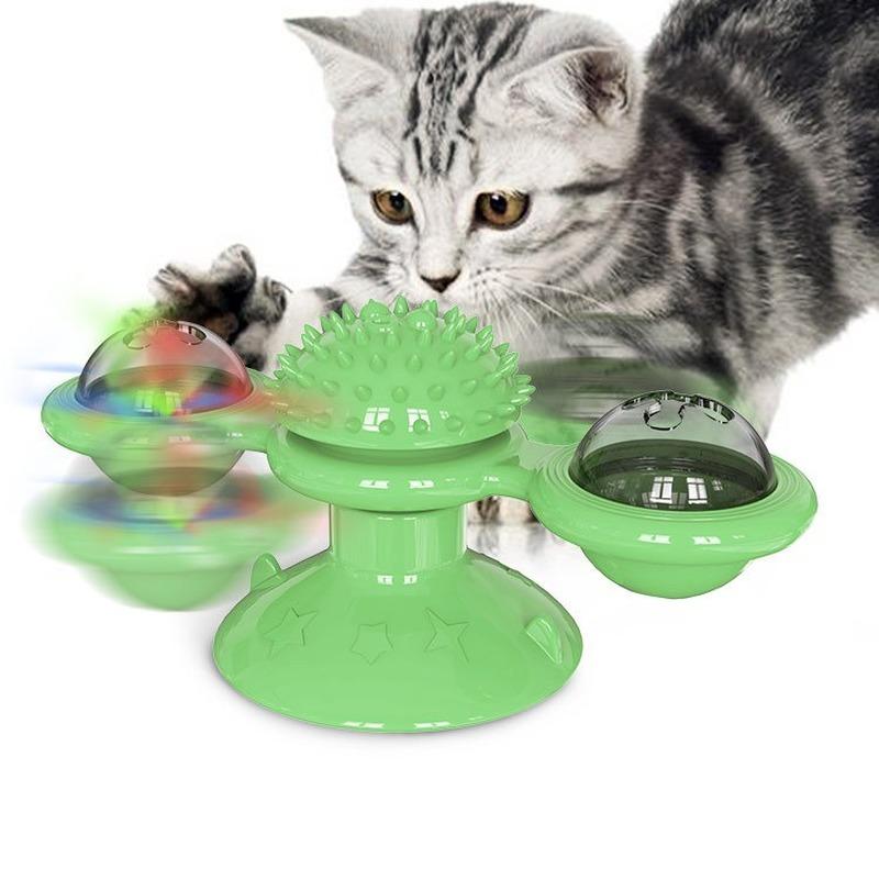 Windmühlen-Katzenspielzeug, interaktives Haustierspielzeug für Katzen, Puzzle-Katzenspielspielzeug mit Whirligig-Drehteller für Windmühlen-Katzenspielzeug, Katzen-Spinner, Katzen-Spinner-Spielzeug With light-up ball grün