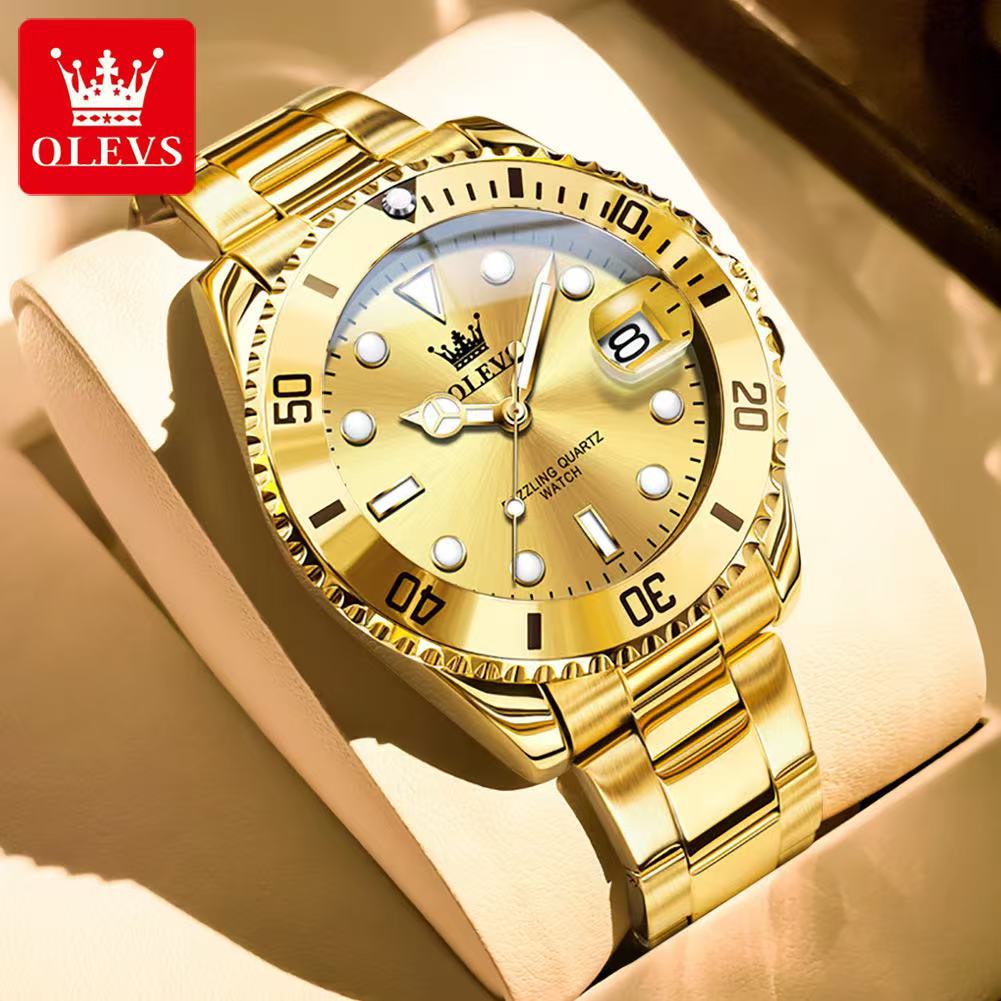 OLEVS 5885 mit Geschenkbox, luxuriöse grüne Wassergeist-Quarzuhr, wasserdichte Herrenuhr, Herrenuhr gold