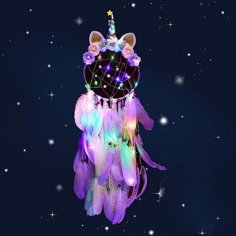 Einhorn-Traumfänger für Kinder - Lila Rosa Traumfänger Mit Bunten Lichtern, Einhorn Wanddeko für Schlafzimmer, Geburtstagsgeschenk violett