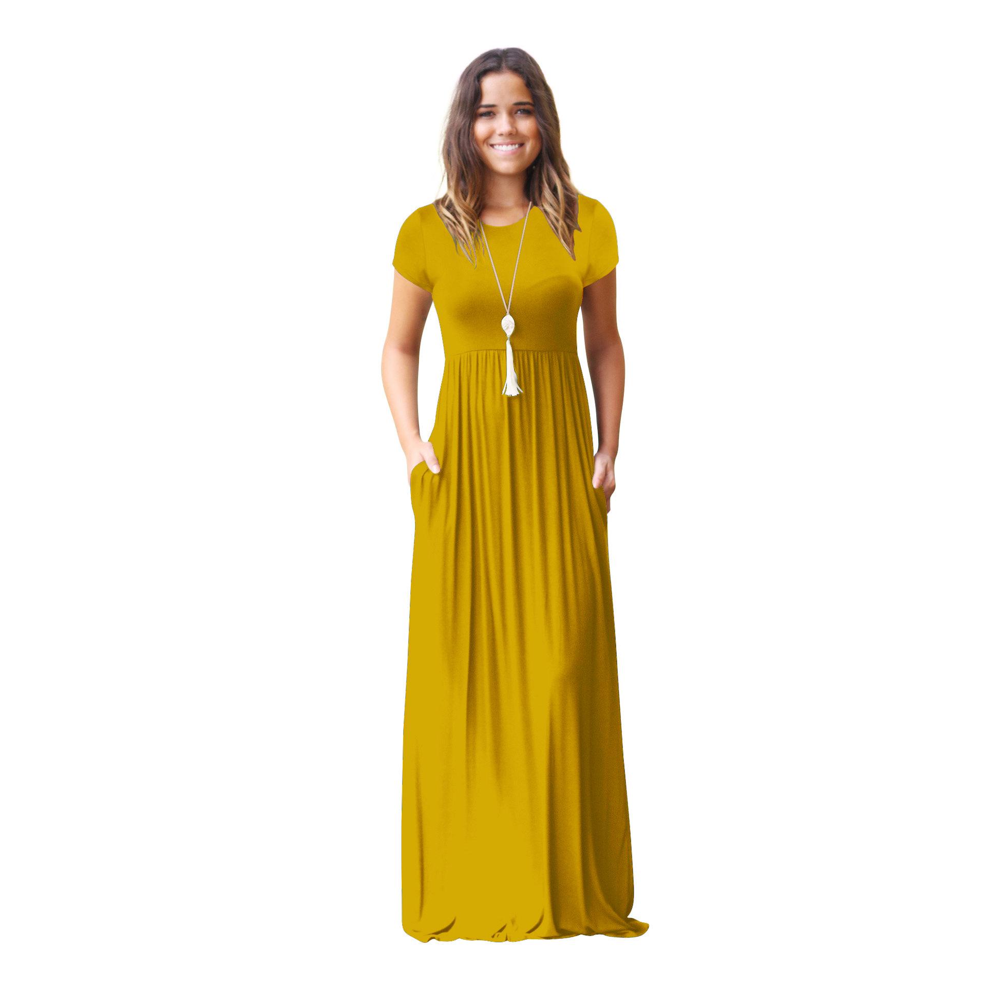 Sommer Kurzarm Maxi Kleid Frauen Solide Boho Strand Kleid Damen Abend Party Langes Kleid Sommerkleid 3XL yellow