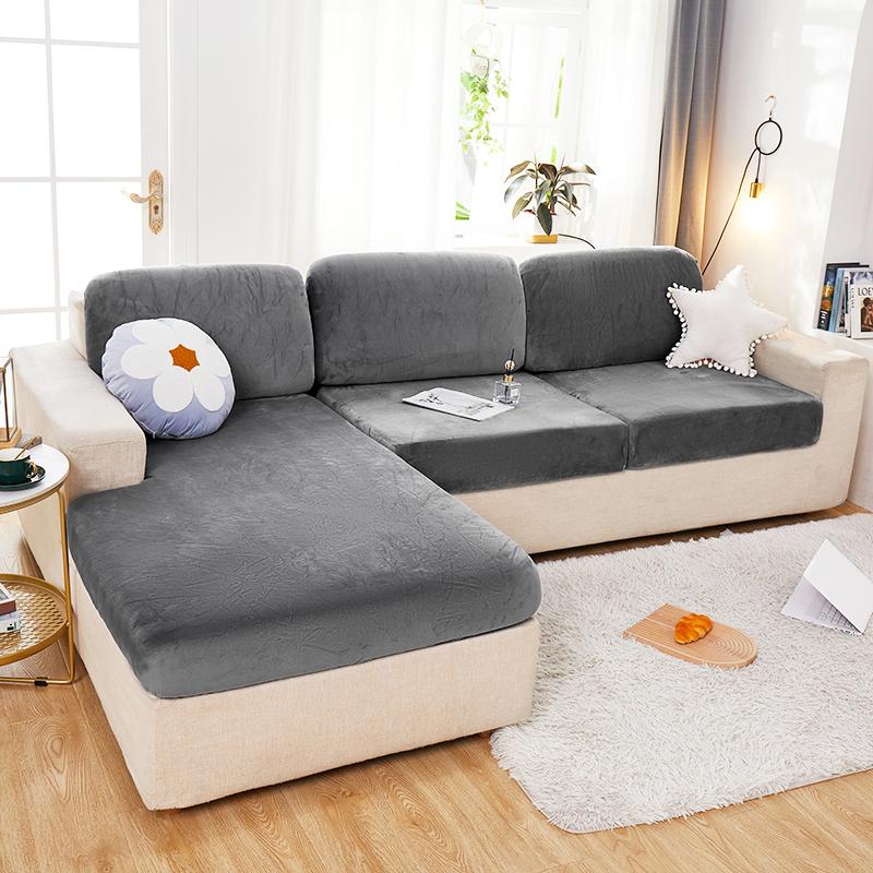 Plüschsofa-Sitzbezug für Wohnzimmer, samtig, elastische Eckcouch, 1/2/3/4-Sitzer, solide Schonbezüge, Möbelschutz Plus XXL(chaise longue) licht grau
